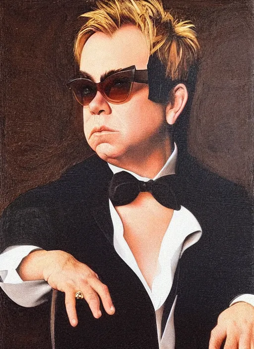 Image similar to portrait of elton john in a golden hour lighting, painted by the caravaggio, 8 k extremely realistic and highly detailed