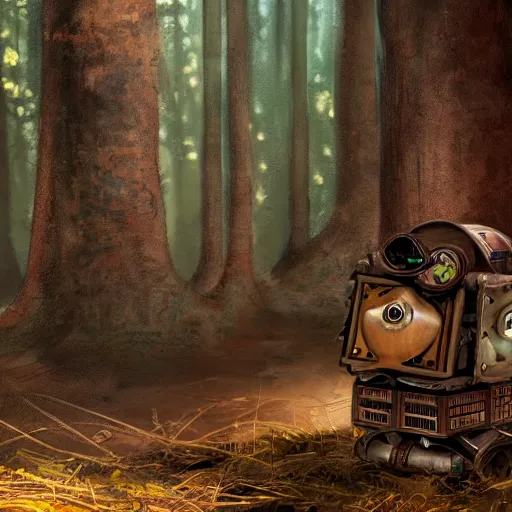 Image similar to a steampunk robot made of a cardboard box, crayon face, walking through the forest, dof, cinematic lighting, hyperrealistic, extremely detailed, 8k, artstation,