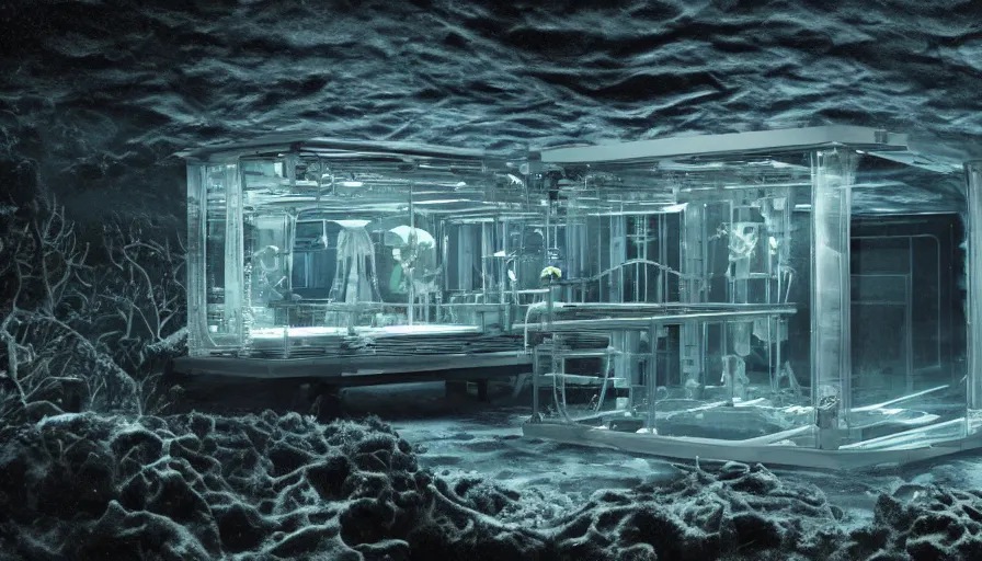 Image similar to Big budget horror movie, exterior view of an underwater biolab, deep in the ocean, dark and gloomy