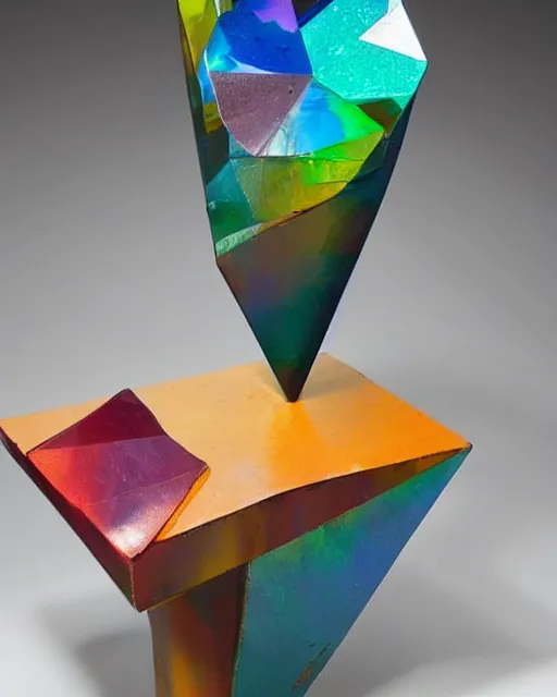 Image similar to a multicolored object sitting on top of a table, an abstract sculpture by john chamberlain, trending on pinterest, crystal cubism, angular, made of crystals, iridescent