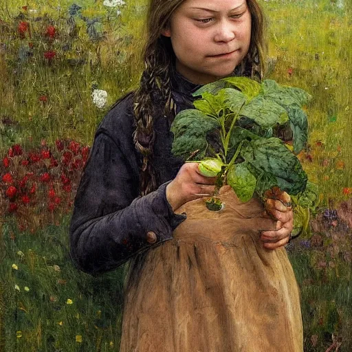 Prompt: Devastated Greta Thunberg holding a green plant and crying, impressionism, barren earth, gloomy colors, brown background, vivid attention to detail, by Greg Rutkowksi and Ilya Repin