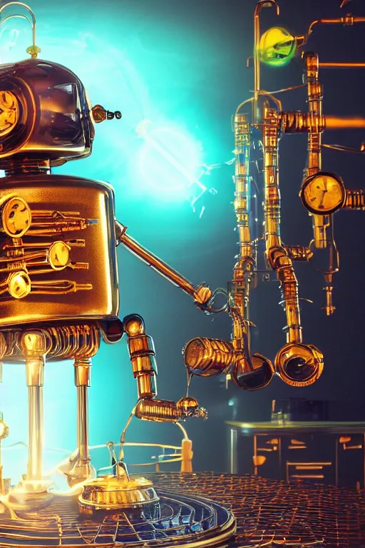 Image similar to portrait photo of a giant golden and blue metal steampunk kitchen robot cook chef with gears and tubes, eyes are green lights, shiny crisp finish, 3 d render, 8 k, insaneley detailed, fluorescent colors, background is multicolored lasershow