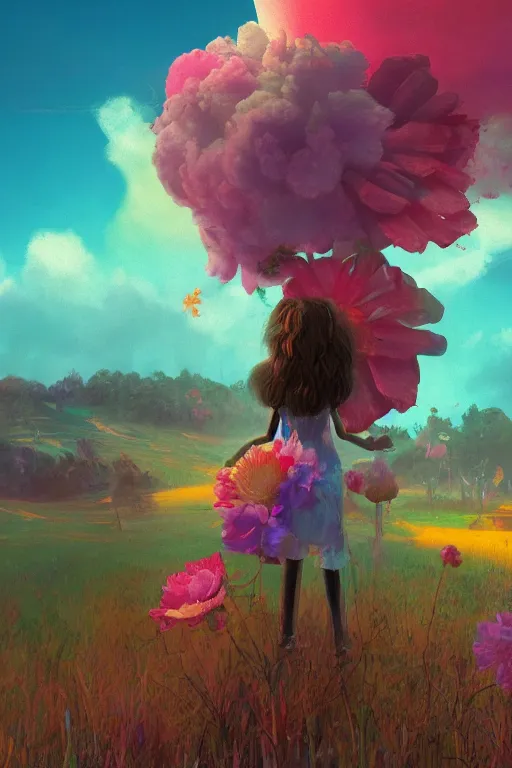 Prompt: closeup, giant flower as a head, girl surrounded by djungle, surreal photography, sunrise light, colorful clouds, impressionist painting, digital painting, artstation, simon stalenhag