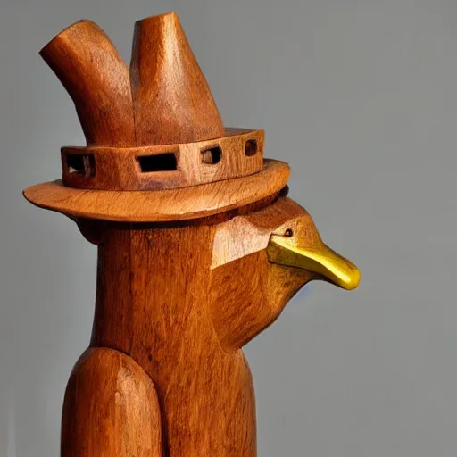 Image similar to wooden sculpture of a man wearing a hard hat holding a rooster, polished maple, thoughtful, elegant, real