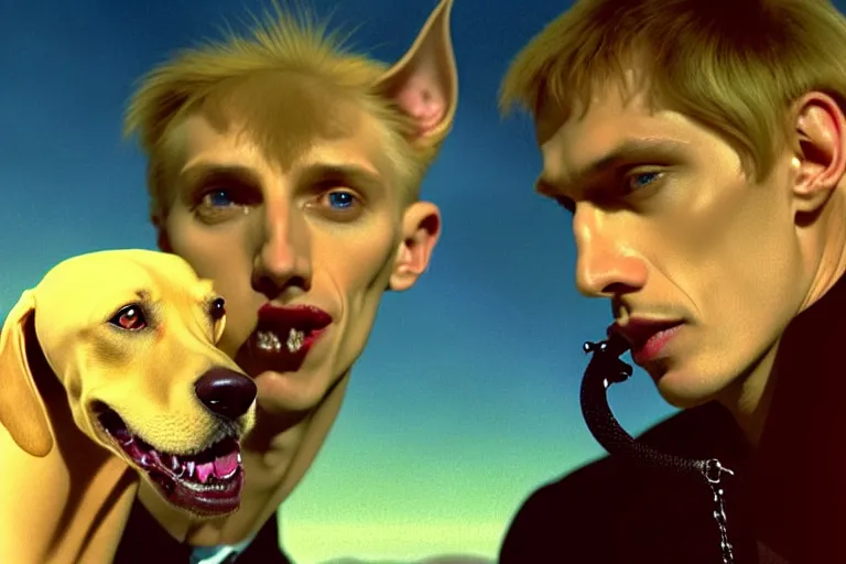 Image similar to realistic detailed closeup portrait movie shot of an elegant blond male vampire with a doberman on a leash, sci fi landscape background by denis villeneuve, amano, yves tanguy, alphonse mucha, max ernst, edward robert hughes, roger dean, rich moody colours, dog teeth, blue eyes