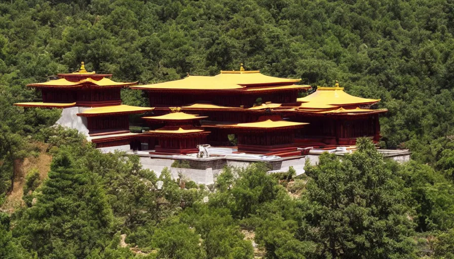 Image similar to temple villa inspired by tibetan architecture, on a green hill, overlooking a valley with trees, frank lloyd wright, photorealistic, birds eye view