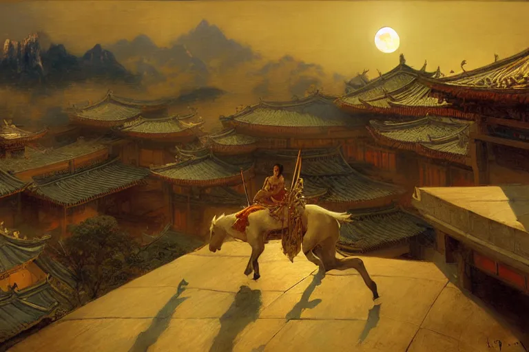 Image similar to wuxia, moon, roof, night, painting by gaston bussiere, craig mullins, j. c. leyendecker