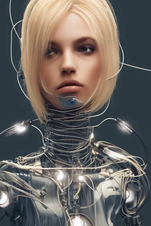 Image similar to a beautiful woman with blonde hair wearing robot suit with wires and light, highly detailed, photorealistic, artstation, smooth