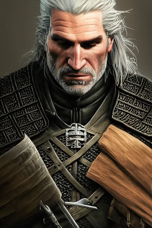 Image similar to photorealistic portrait photograph of geralt of rivia wearing an elegant tuxedo, depth of field, soft focus, highly detailed, intricate, realistic, national geographic cover, soft glow, textured, artstation, concept art, sharp focus, illustration, art by artgerm and greg rutkowski and alphonse mucha