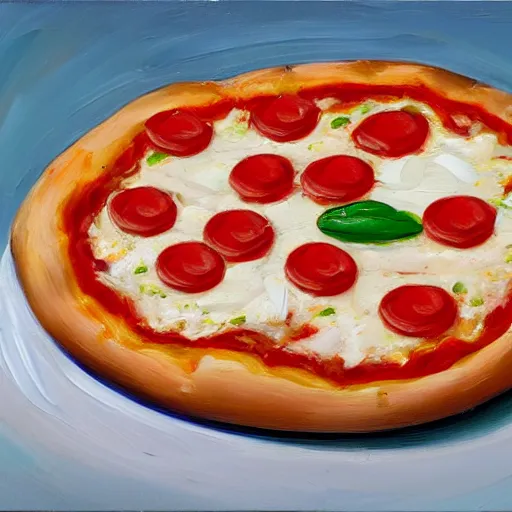 Image similar to an impasto oil painting of a pizza magherita, 4 k resolution, italy, white red and green color schemea