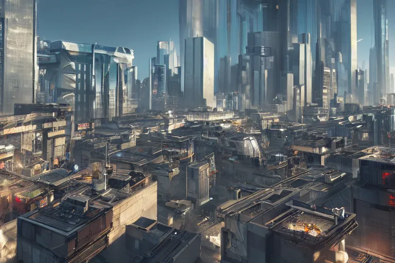 Image similar to rooftop view of a futuristic cyberpunk city highly detailed, photorealistic portrait, bright studio setting, studio lighting, crisp quality and light reflections, unreal engine 5 quality render