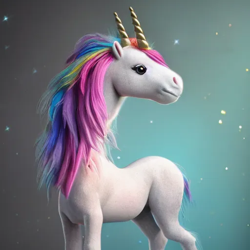 Image similar to full body pose, hyperrealistic photograph of a cute fuzzy rainbow unicorn, dim volumetric lighting, 8 k, octane beautifully detailed render, extremely hyper detailed, intricate, epic composition, cinematic lighting, masterpiece, trending on artstation, very very detailed, stunning, hdr, smooth, sharp focus, high resolution, award, winning photo, dslr, 5 0 mm