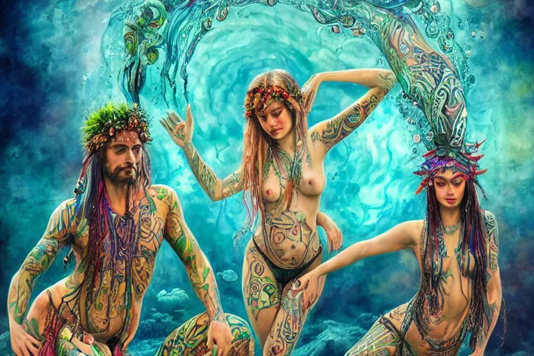 Prompt: a centered full body render of alluring festival hippies with tribal tattoos surrounded by a underwater ink pour and flowing liquid galium and sacred geometry, perfect body face and hands, powerful, cinematic, beautifully lit, by artgerm, by karol bak, by donato giancola, 3 d, trending on artstation, octane render, 8 k
