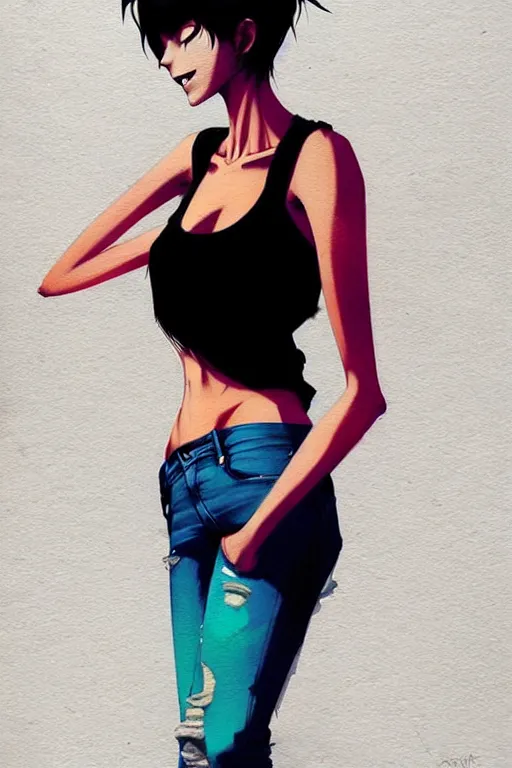 Image similar to a ultradetailed beautiful full body painting of a stylish woman with short hair, she is wearing a black tank top and jeans, by conrad roset, greg rutkowski and makoto shinkai trending on artstation