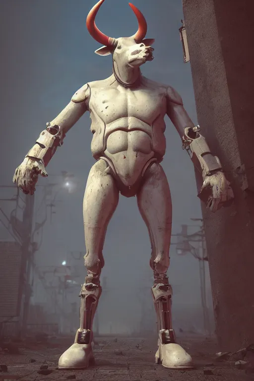 Image similar to a tall bull android with hard rubber coating standing, half body, intricate, 3 d, fantasy, depth of field, octane render, symmetrical, hyper realism, highly detailed, digital art, artstation, concept art, cinematic lighting, trending