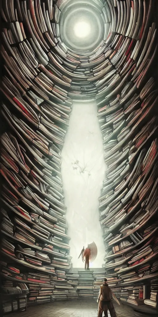 Prompt: a man standing in front of a surreal spiral book shelf filled with books, a storybook illustration by james paick, cgsociety, fantasy art, lovecraftian, academic art, mystical