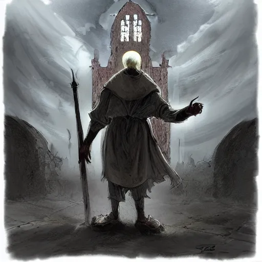 Prompt: “a pale priest who looks like don quixote enters a church to face a skinwalker, high quality, movie concept art, epic, gritty, by Stephen King.”