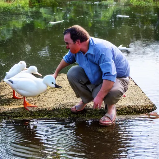 Prompt: absolute chad feeding ducks at a pond