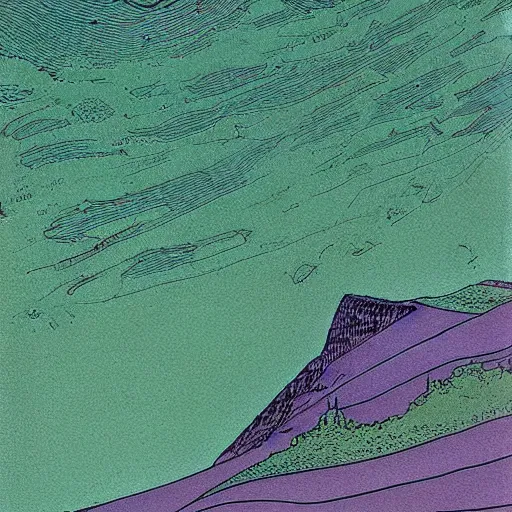 Prompt: art by moebius, landscape, emerald city,