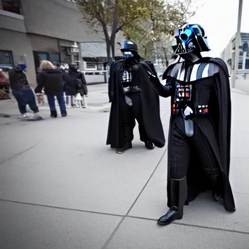 Image similar to darth vader waling on the streets of winnipeg