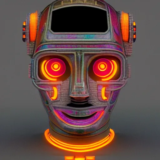 Prompt: claymodel of a cyberpunk aztec futurism robot head, 8 k, symetrical, flourescent colors, halluzinogenic, multicolored, black background, 3 d render,