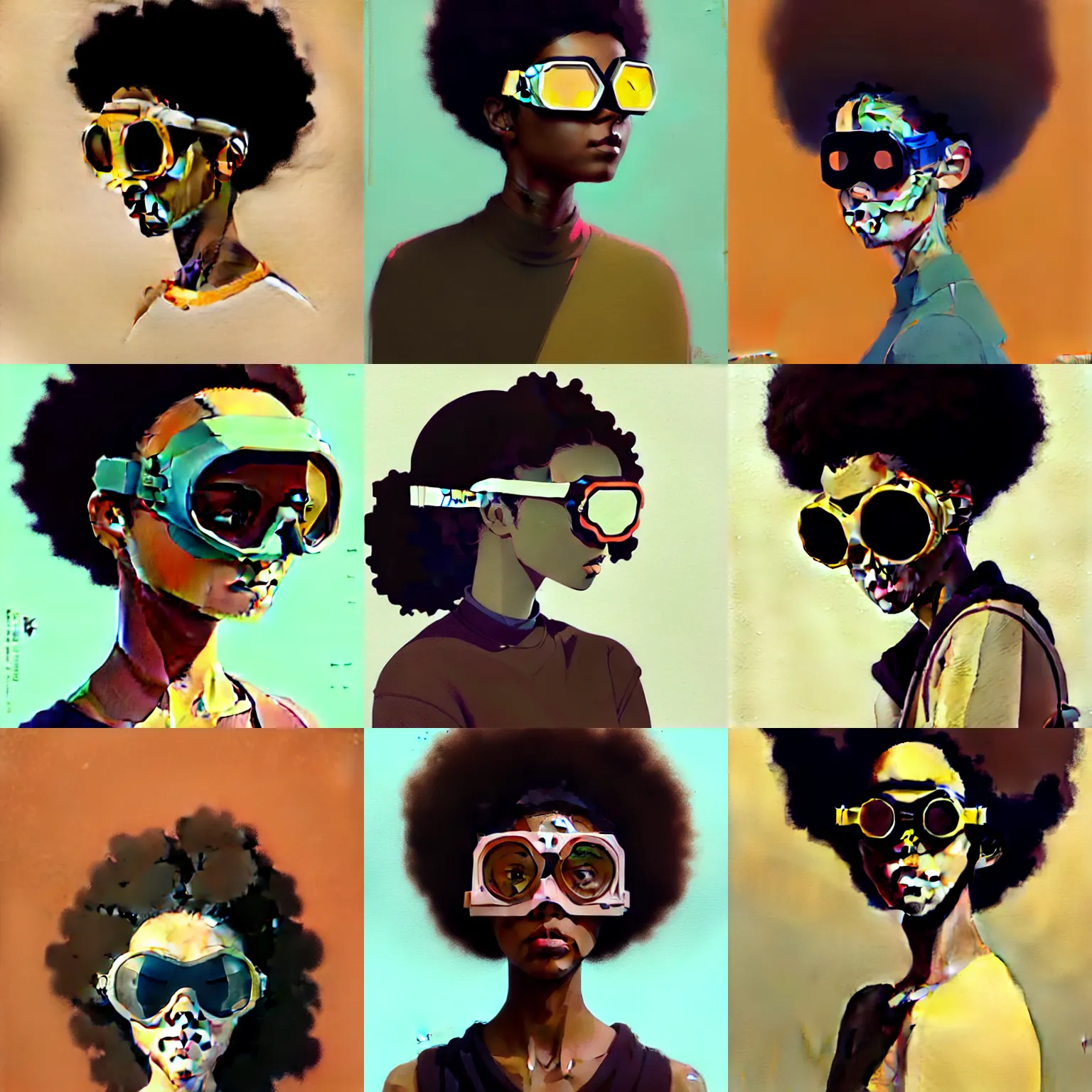 Image similar to Beautiful woman wearing goggles profile picture by Greg Rutkowski, brown skin, afro hair, asymmetrical, studio ghibli, Organic Painting , Matte Painting, geometric shapes, hard edges, street art, trending on the artstation, realistic by Sachin Teng,