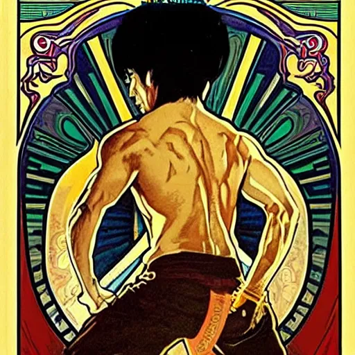 Prompt: Enter The Dragon movie poster by Alphonse Mucha, Art Nouveau, European palette, with Bruce Lee, Yip Man and Bolo, 8 super model with tattoo, in fighter poses, 4K super detailed