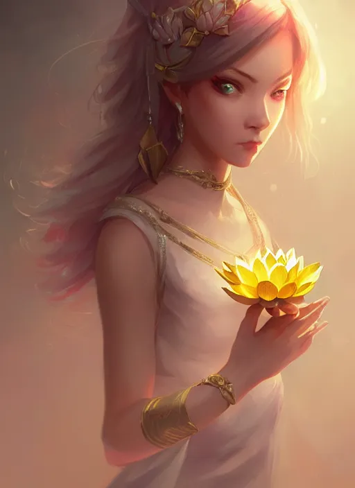 Image similar to female magician, wide angle view, lotus, flowers, gold, diamonds, highly detailed, artgerm, cushart krenz, artstation, soft light, sharp focus, illustration, character design, concept art