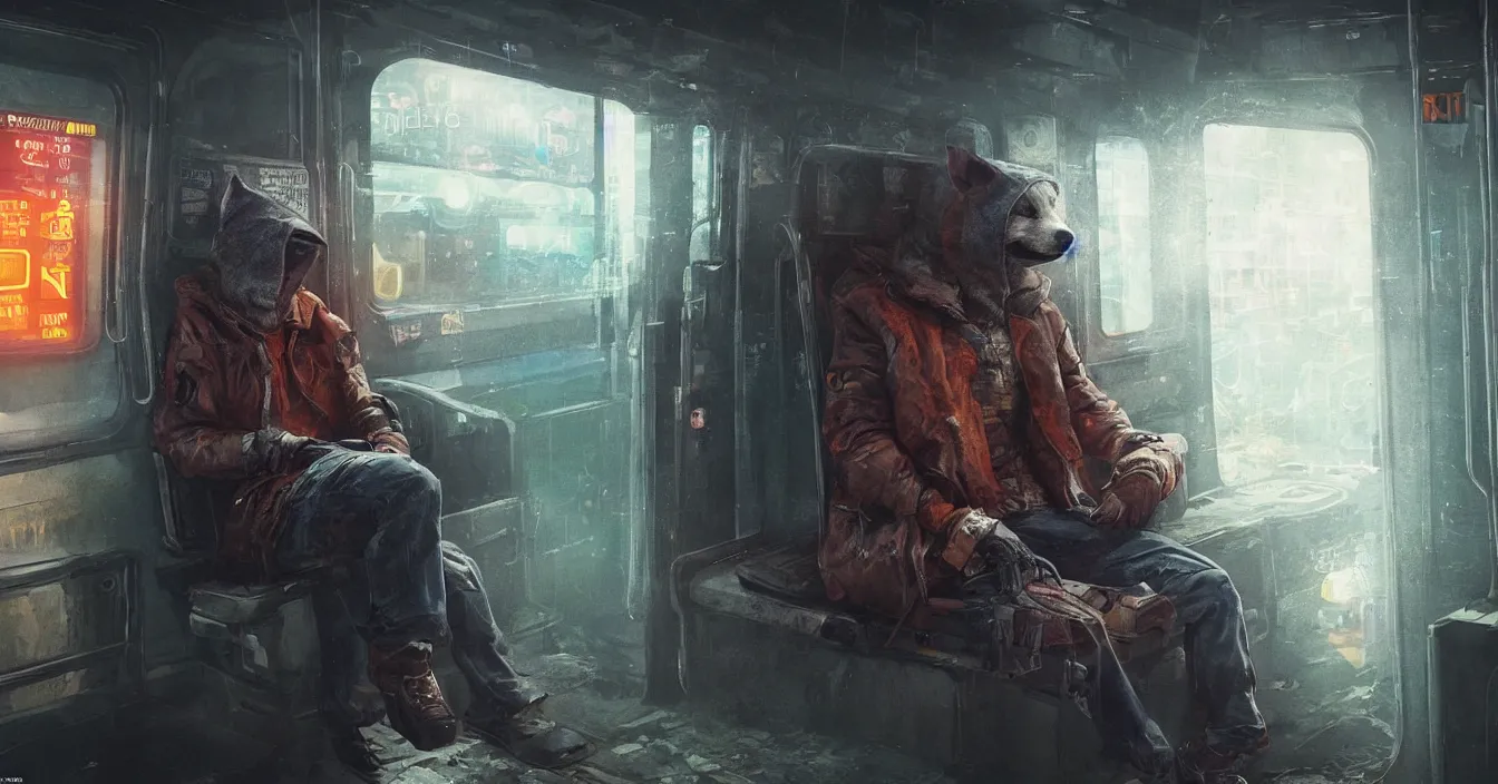 Image similar to Imagination of homeless fox with hood over head and old coat, sits on a dirty seat in a old subway car, cyberpunk 2077, amazing digital art