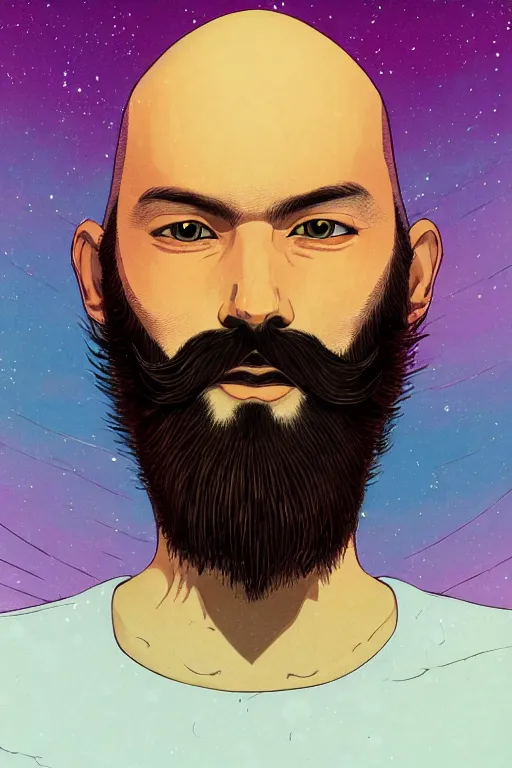 Image similar to a colorful closeup portrait of a young bald man with a huge beard and dreaming psychedelic hallucinations in the vast icy landscape of antarctica, by kawase hasui, moebius and edward hopper, colorful flat surreal design, hd, 8 k, artstation