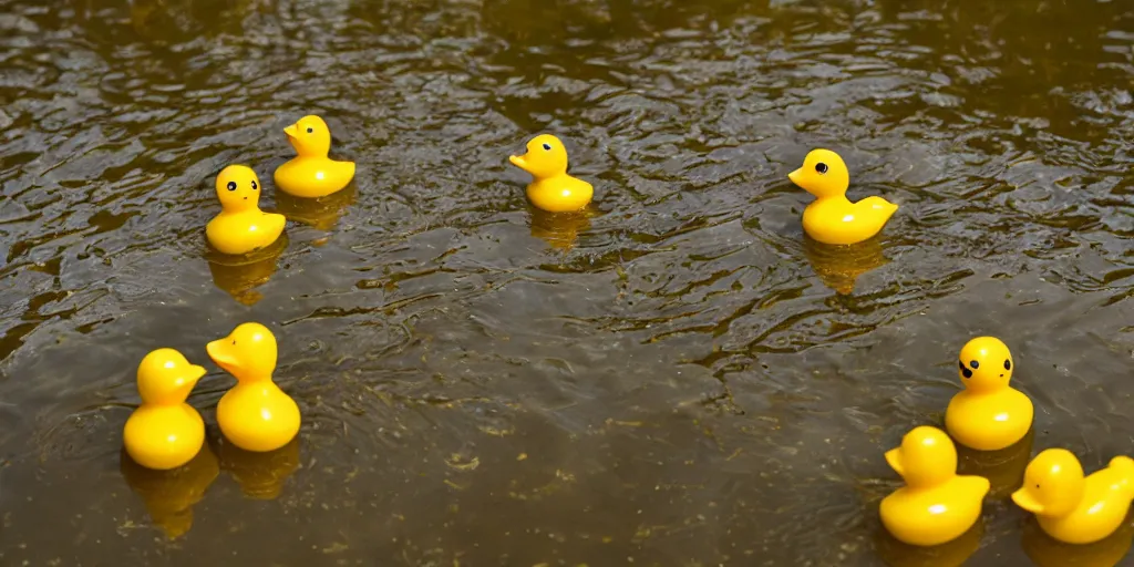 Prompt: rubber ducks in a pond, 5 0 mm lens, photo, bokeh