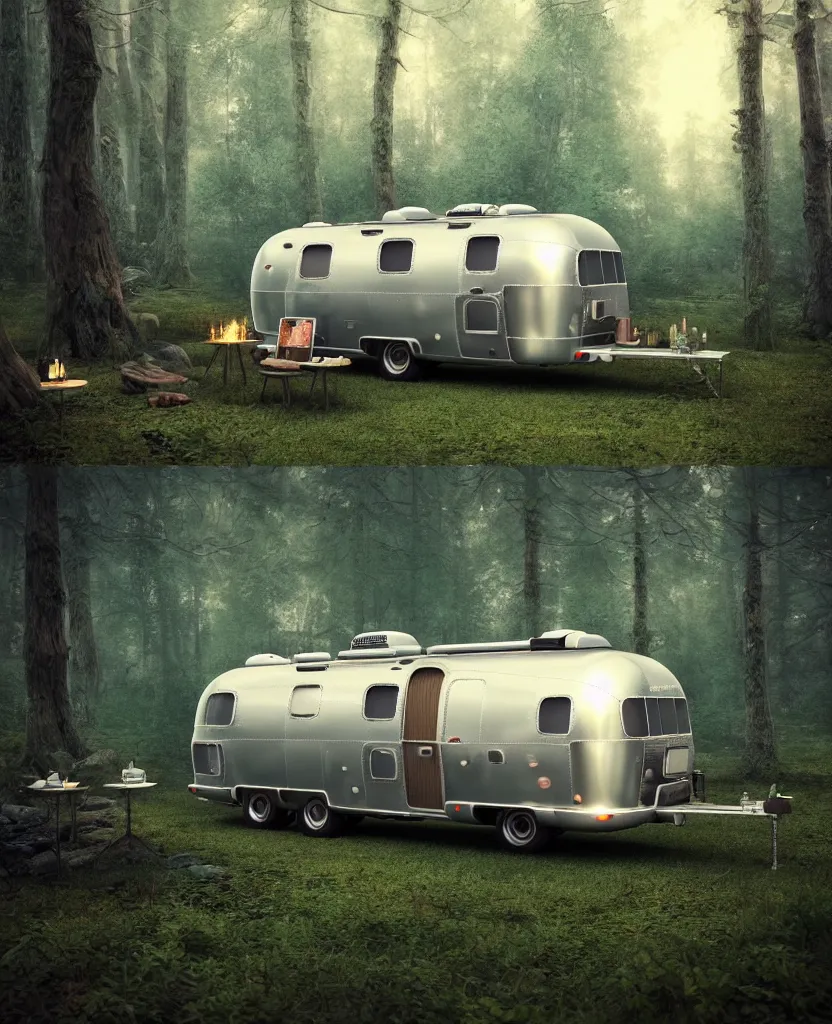 Image similar to image of a sylish vintage airstream camper in magical forest, photorealistic, digital painting, artstation, intricate artwork by Tooth Wu and wlop and beeple. octane render, trending on artstation, greg rutkowski very coherent symmetrical artwork. cinematic, hyper realism, high detail, octane render, 8k