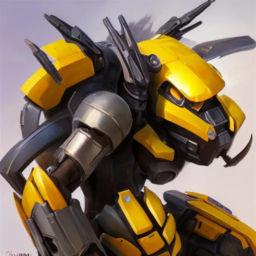 Image similar to greg manchess portrait painting of bumblebee the transformer as overwatch character, medium shot, asymmetrical, profile picture, organic painting, sunny day, matte painting, bold shapes, hard edges, street art, trending on artstation, by huang guangjian, gil elvgren, ruan jia, greg rutkowski, gaston bussiere