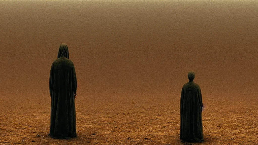 Prompt: the giant doubt, film still from the movie directed by Denis Villeneuve with art direction by Zdzisław Beksiński, wide lens