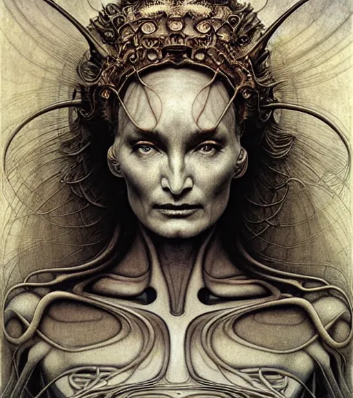 Image similar to detailed realistic beautiful young alien robot jessica lange as queen of mars face portrait by jean delville, gustave dore and marco mazzoni, art nouveau, symbolist, visionary, gothic, pre - raphaelite. horizontal symmetry by zdzisław beksinski, iris van herpen, raymond swanland and alphonse mucha. highly detailed, hyper - real, beautiful