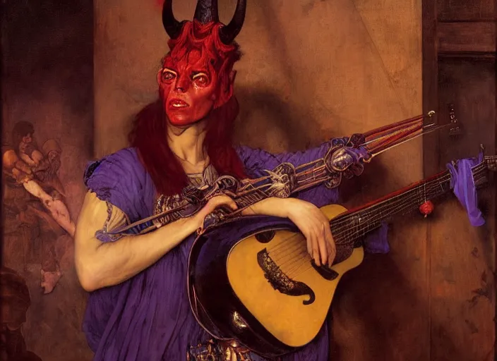 Image similar to a tiefling bard with red skin and horns, wearing purple playing guitar. edgar maxence and caravaggio and michael whelan and delacroix style, artistic, intricate painting, cinematic lighting, hyper realistic, extremely detailed, vivid colors, establishing shot, dramatic lighting