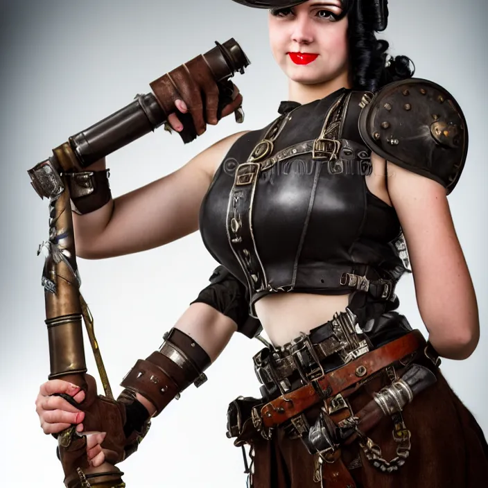 Prompt: professional full length photograph of a beautiful female dieselpunk warrior. Extremely detailed. 8k