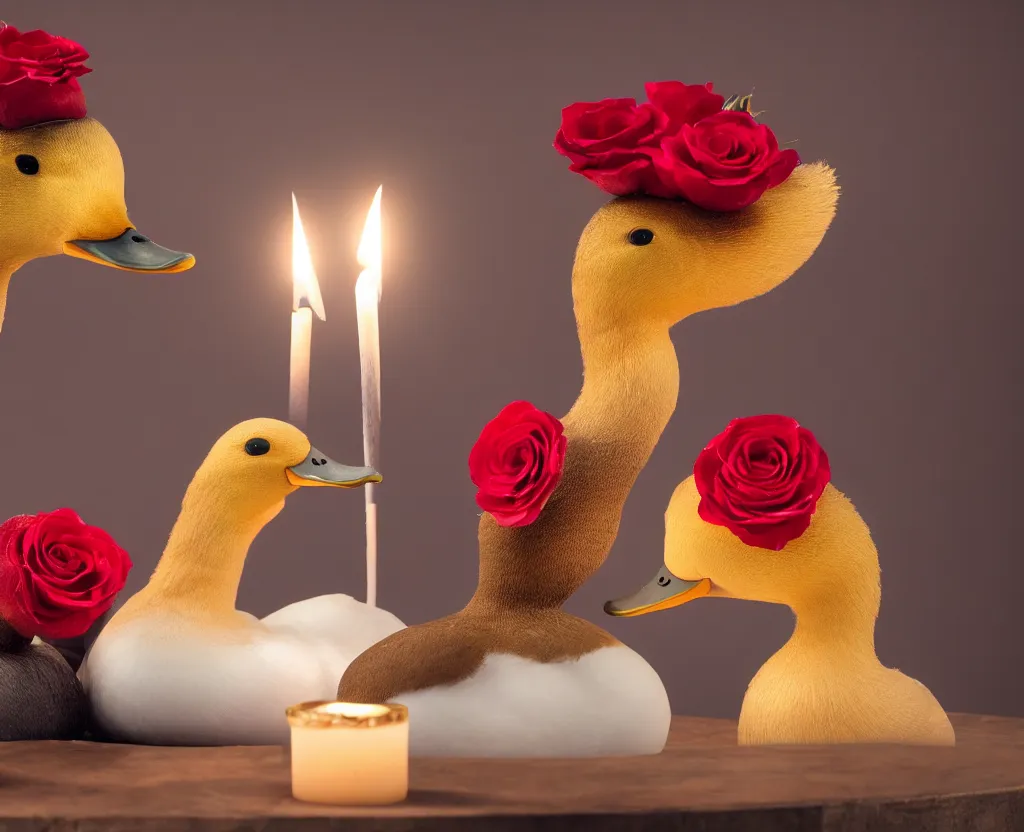 Image similar to two ducks with funny hats on their heads having a romantic dinner with candles champagne petals roses, highly detailed, 8 k ultrahd hd resolution