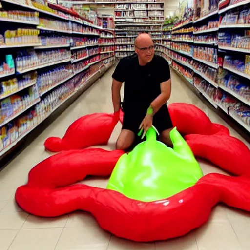 Image similar to photo, a man wearing a giant slimy slug costume crawling through a cvs pharmacy