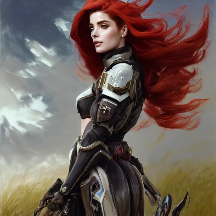 Image similar to portrait of a combination of Ashley Greene, Adriana Dxim, Grace Kelly and Lily Collins with red hair wearing Warframe armor, countryside, calm, fantasy character portrait, dynamic pose, above view, sunny day, thunder clouds in the sky, artwork by Jeremy Lipkin and Giuseppe Dangelico Pino and Michael Garmash and Rob Rey and Greg Manchess and Huang Guangjian and Makoto Shinkai, very coherent asymmetrical artwork, sharp edges, perfect face, simple form, 100mm