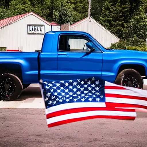Image similar to photo of blue pickup truck with american flags, there are very attractive woman in the back of the truck whering bikinis.