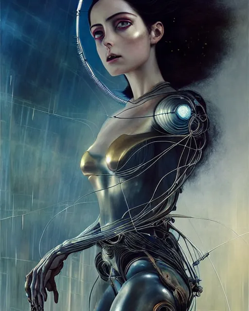 Image similar to karol bak and tom bagshaw and bastien lecouffe - deharme full body character portrait of alita battle angel as galadriel, floating in a powerful zen state, supermodel, beautiful and ominous, wearing combination of mecha and bodysuit made of wires and silk, machinery enveloping nature in the background, scifi character render