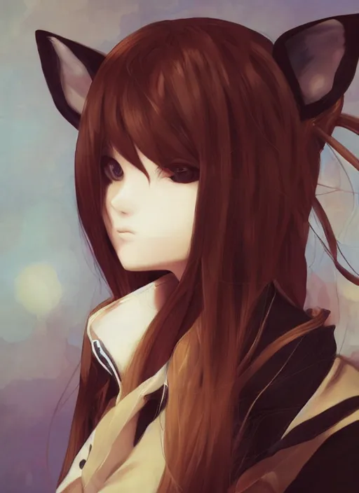 Image similar to portrait painting by shigenori soejima, beautiful girl, fox ears, focus on face, pretty, cinematic lighting, painterly, long wavy orange hair, light brown trenchcoat