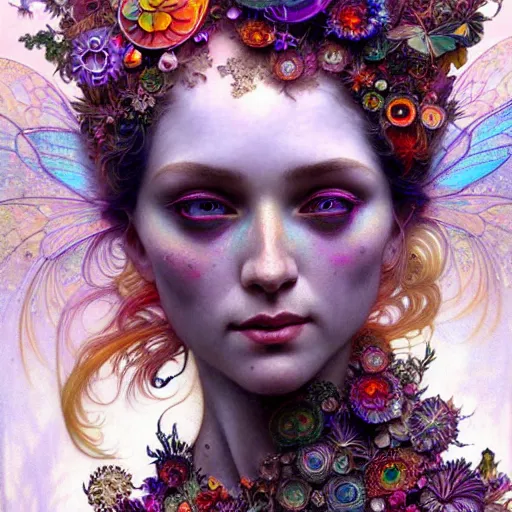 Image similar to An extremely psychedelic portrait of a fairy made of crystals, surreal, colorful, face, detailed, intricate, elegant, lithe, highly detailed, digital painting, artstation, concept art, smooth, sharp focus, illustration, art by Krenz Cushart and Artem Demura and alphonse mucha