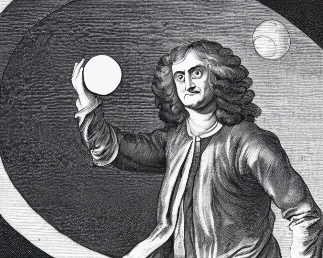 Image similar to isaac newton holding an apple in his hands and looking at the moon