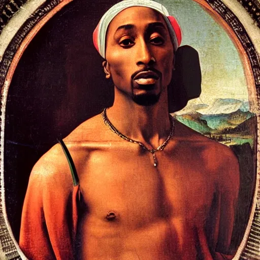 Image similar to A Renaissance portrait painting of Tupac Shakur by Giovanni Bellini and Leonardo da Vinci. Tupac