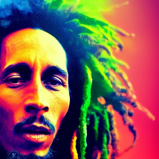 Image similar to colour masterpiece surreal closeup portrait photography of bob marley, highly detailed, smoke background, artstation, octane rendering, 8 k