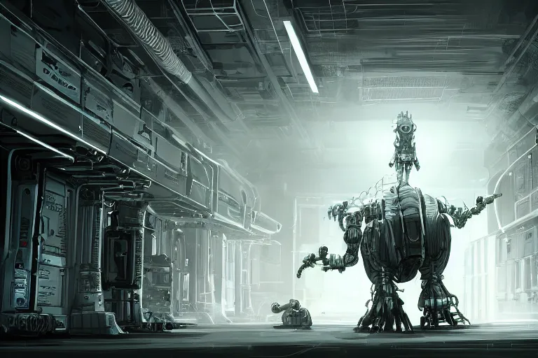 Prompt: parallax datacenter server room interior single mono colossus white rusty android guest robosaurus sitting artstation cinematic detailed concept art volumetric light sharp coherent cgsociety symmetric perfect well balanced shadows lotr servers