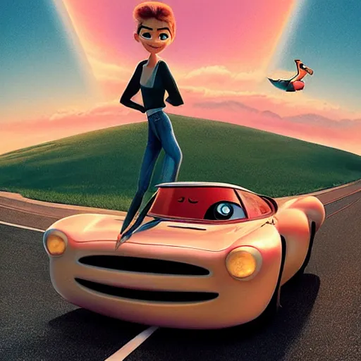 Prompt: A beautiful art installation. We are racers on an endless highway, driving at each other at high speeds, deciding whether or not to turn away at the last minute. Pixar's 'Up' by Andrea Kowch composed, balmy