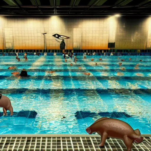 Image similar to photo, two old men fight pig mutants 5 3 1 2 7 inside a swimming pool, highly detailed, scary, volumetric lighting, front view